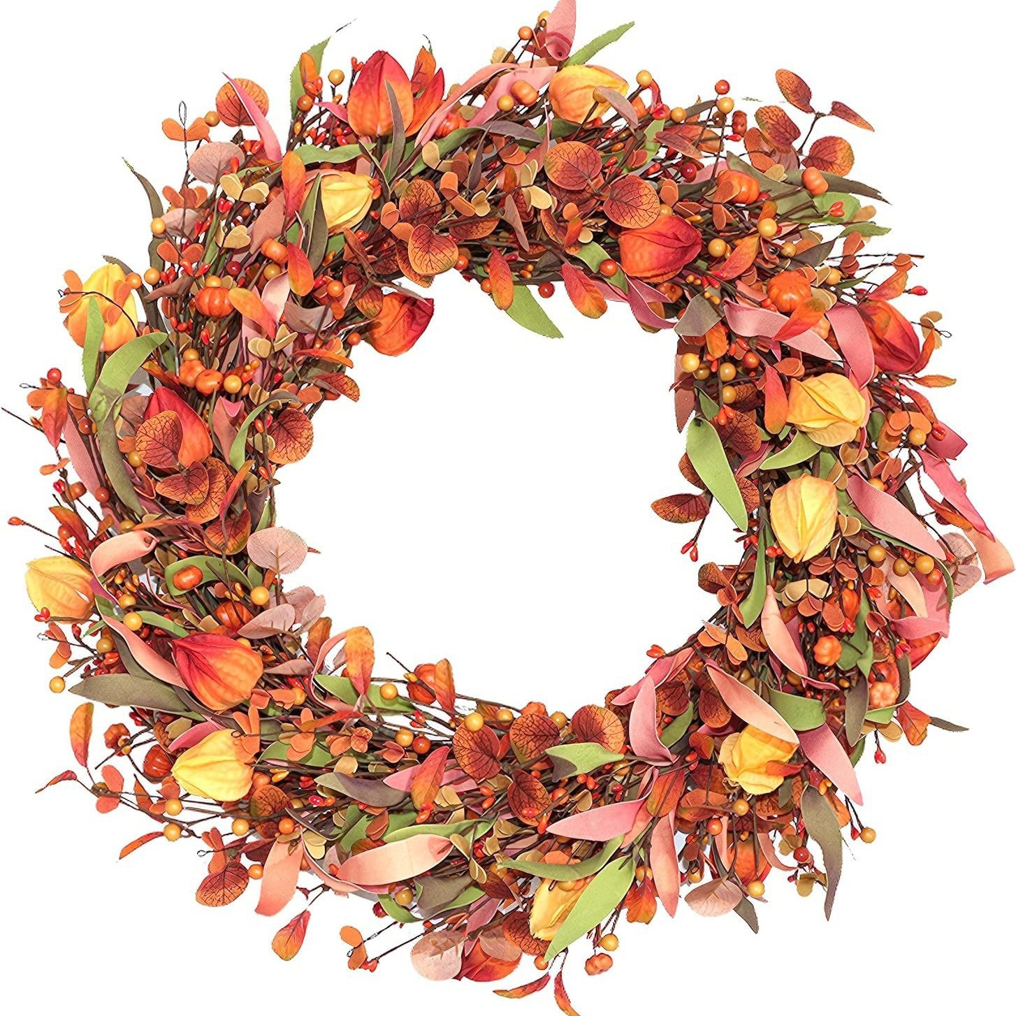 跨境秋季丰收万圣感恩节门前装饰黄色橙色浆果花藤编花环藤条挂件