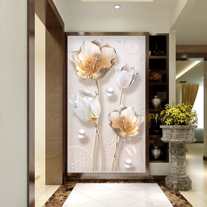 欧式玄关壁画壁纸现代简约3d立体走廊过道竖版5d装饰画背景墙墙纸