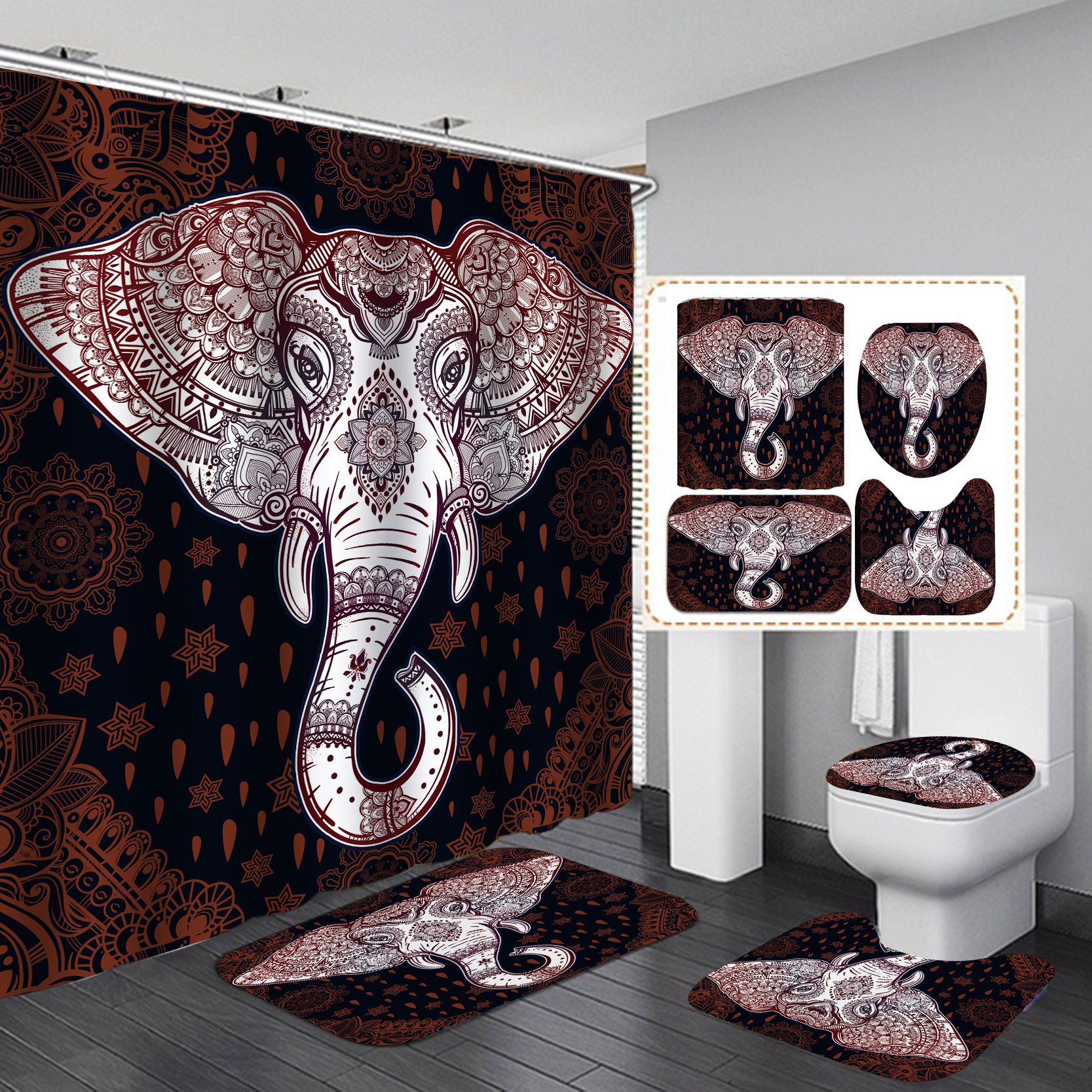 Amazon Best-Selling Shower Curtain Four-Piece Elephant Series Waterproof Punch-Free Partition Curtain Hotel Rain Curtain