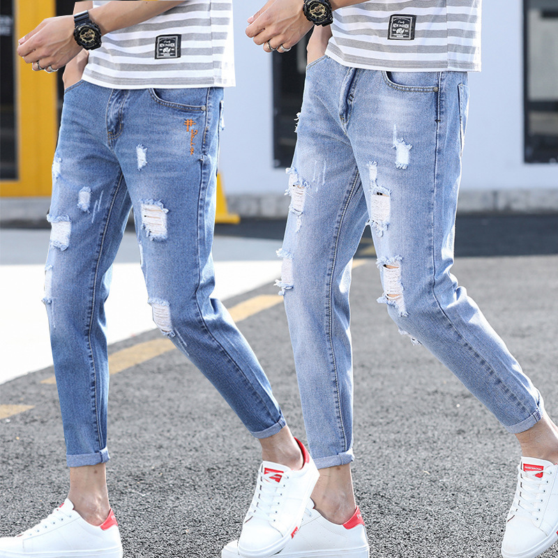Ripped Cropped Jeans Men Fashion Brands Slim Fit Skinny Spring and Summer Beggar ong Pants Men's Korean Style Trendy All-Matching