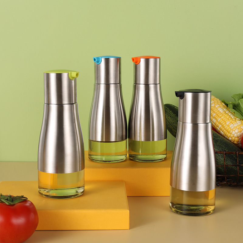 Creative Stainless Steel Oil Pot Household Automatic Opening and Closing Gravity Glass Oil Bottle Non-Hanging Oil Leak-Proof Soy Sauce Vinegar Seasoning Bottle