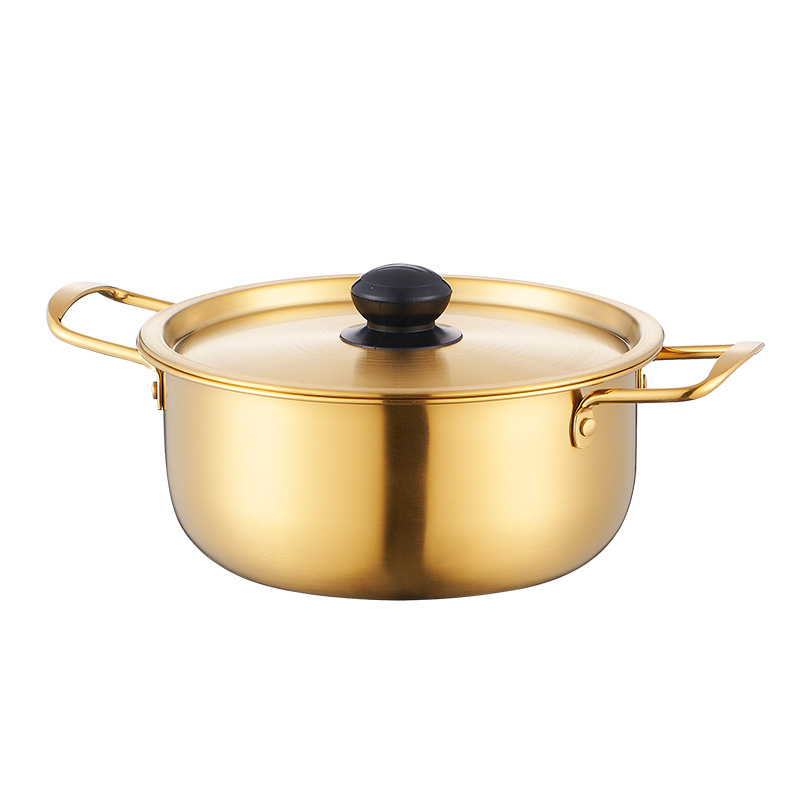 Cross-Border Korean Golden Instant Noodle Pot Commercial Double Ears with Lid Ramen Pot Stainless Steel Cooking Noodle Pot Hot Pot Delivery