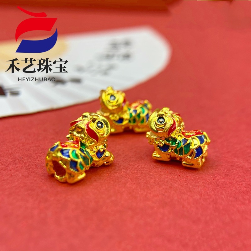 黄金999足金醒狮手链3d硬金国潮烤漆舞狮转运黄金手串足金配件diy
