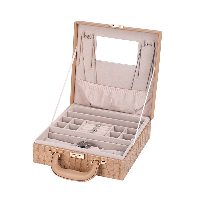 PU Leather Large Capacity Flip Jewelry Box Fresh Simple Jewelry Box with Mirror Earring Ring Grid Storage Box