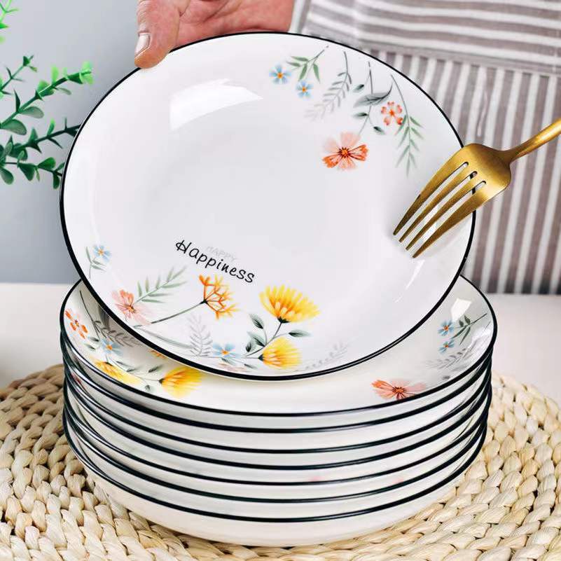 骨碟盘家用盘子菜盘碟子4610个装炒菜批发英寸高颜值圆深菜盘