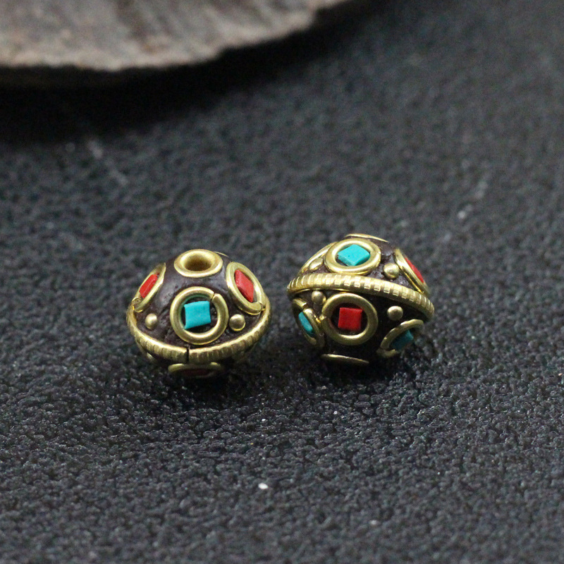 藏式尼泊尔铜珠diy饰品黄铜镶嵌松石配珠佛珠配饰隔珠尼泊尔散珠