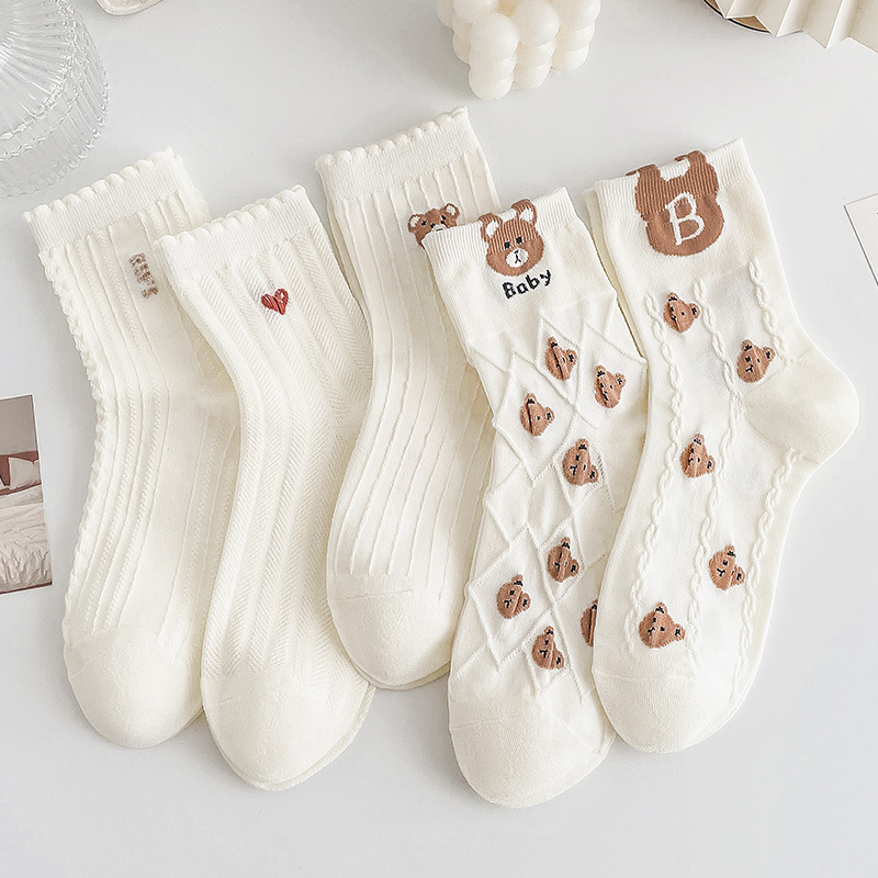 Autumn Female Middle Tube Socks Solid Color Jacquard Bear Pattern Fresh Lolita Women's Socks Japanese Cute Bear Socks