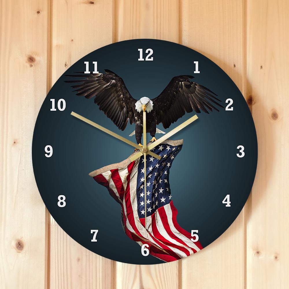 美国白头鹰和国旗图案军人爱国礼物挂钟时钟北欧家居装饰墙钟跨境
