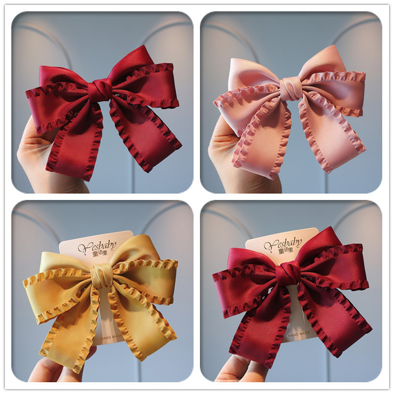 韩国头饰纯色裙边褶皱蝴蝶结发卡女童气质顶夹公主后脑勺半扎发夹