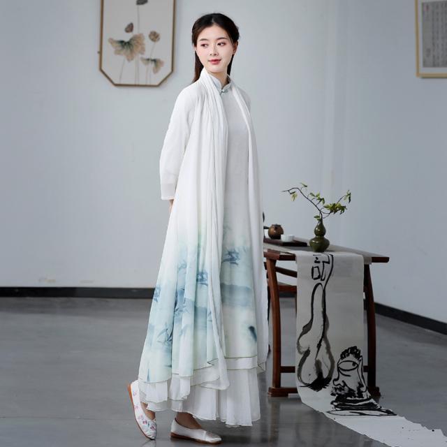 立领连衣裙中式禅意女装白色雪纺仙女裙飘逸长裙禅服女仙气茶服女