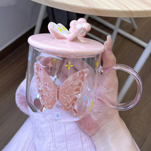 蝴蝶耐热玻璃杯子夏季高颜值大容量喝水杯设计感可加热马克杯代发
