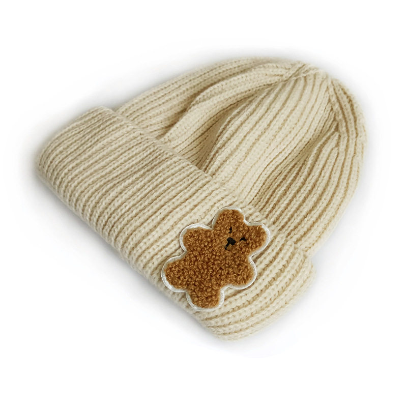 Chengwen Children's Hat New Cute Bear Knitted Hat Boys and Girls Baby Solid Color Flanging Fashion Trend Woolen Cap