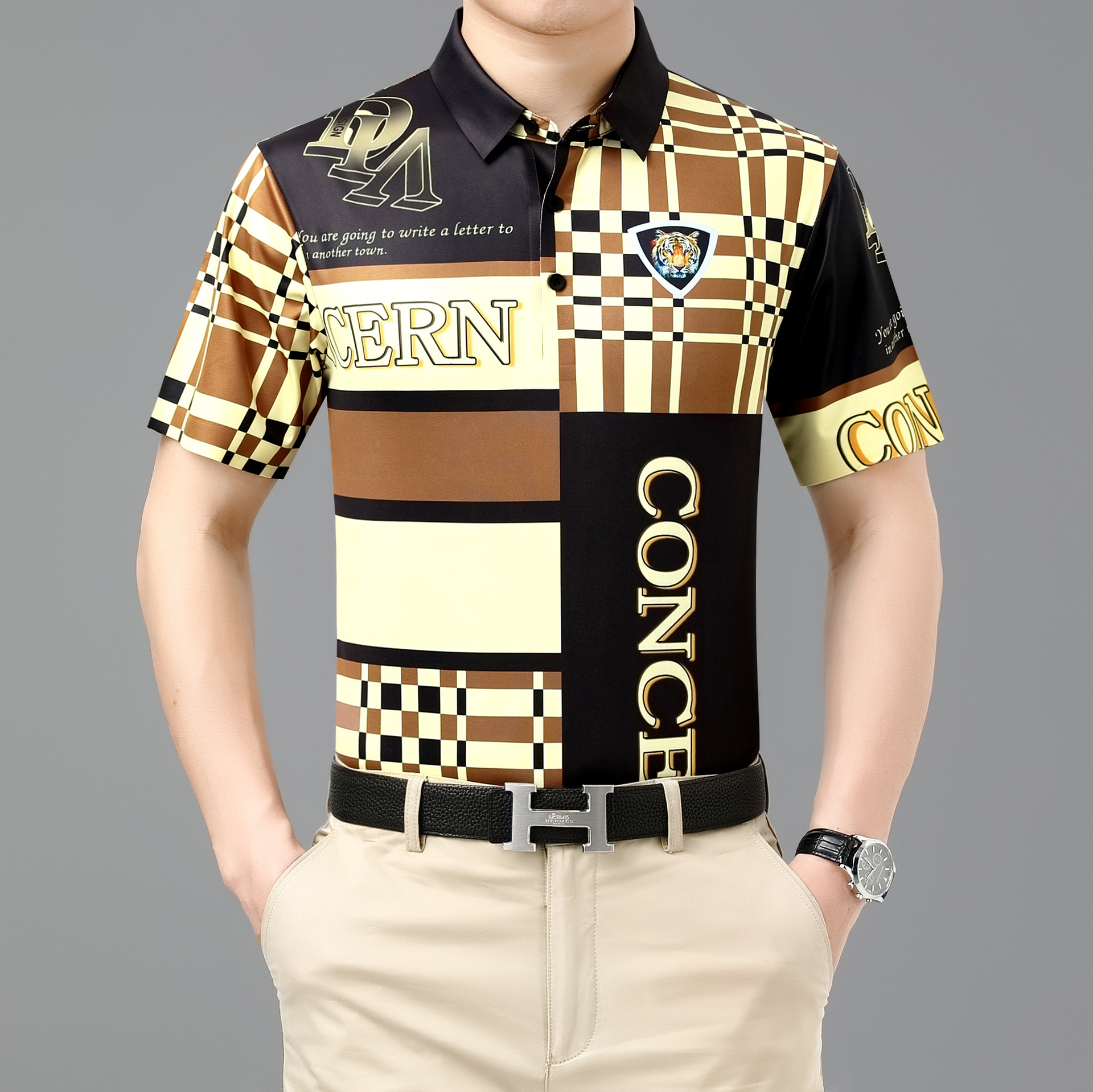 品牌桑蚕丝男士t恤衫2022夏季时尚休闲印花真丝免烫男装短袖体恤