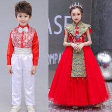 儿童公主裙女童中国风礼服花童红色长款钢琴表演服小主持人服装