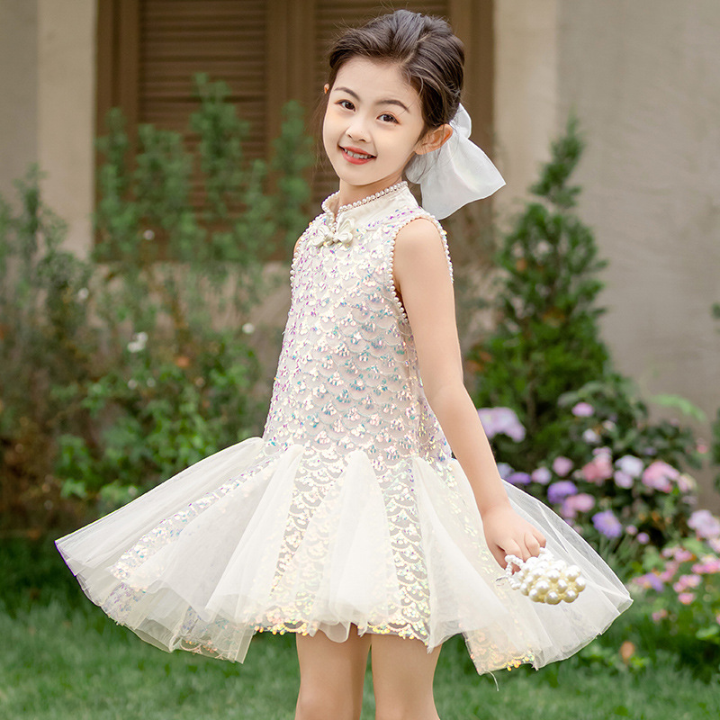 夏季背心连衣裙子小女孩珍珠亮片改良旗袍2024新款网红儿童装礼服