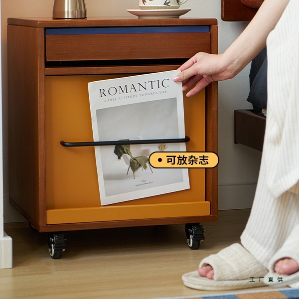 中古风实木床边柜家用卧室可移动带轮床头柜复古小型收纳柜