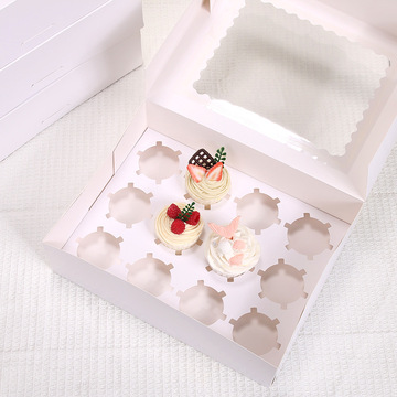 跨境专供免折叠纸杯蛋糕盒12个装开窗透明杯子蛋糕打包盒现货直销