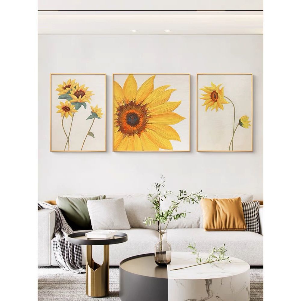 纯手绘油画现代简约北欧轻奢风向日葵三联挂画客厅沙发墙壁装饰画