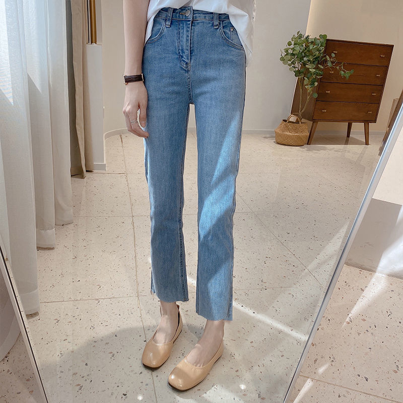 Buy without Hesitation! Small Expert in Leg Modification! ~ Stretch Slimming Light Blue Straight Jeans Women's Ankle-Length Frayed Hem Women's Pants