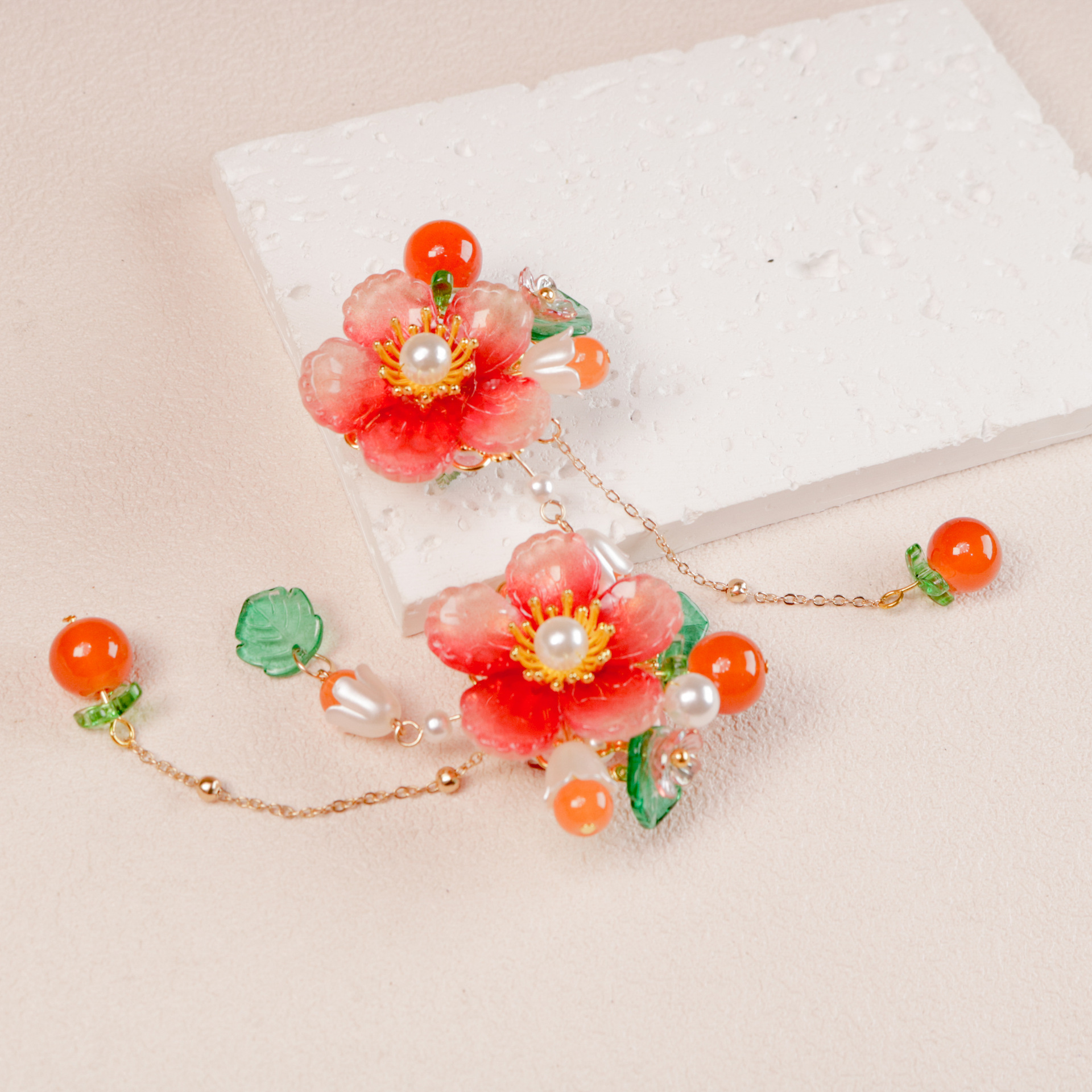 橙红柿子古风琉璃花重工尼泊尔创意手工diy串珠手机链萌粒笔穿笔