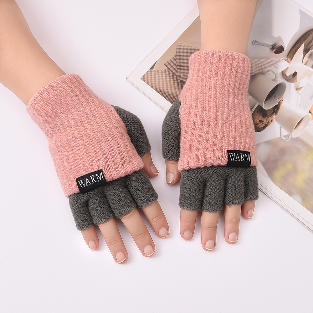 半指手套女冬双层加厚保暖韩版可爱学生写字毛线五指漏指手套工作
