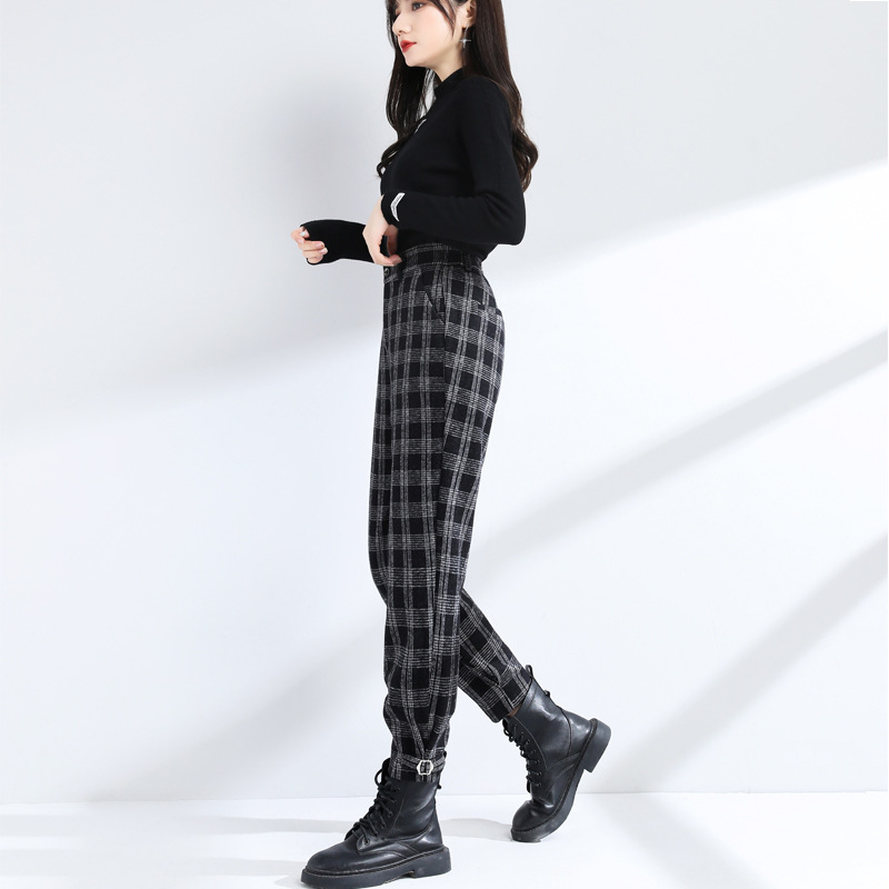 格子裤女秋冬马丁裤小脚裤今年羊毛裤子黑白冬季毛呢加绒裤哈伦裤