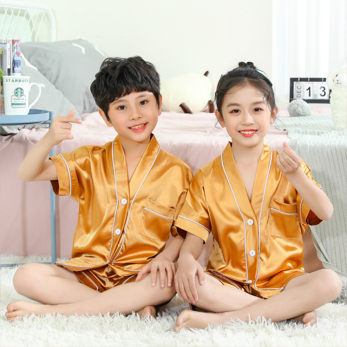 夏季儿童睡衣男女仿真丝v领短袖冰丝绸男女宝宝中大童家居服套装