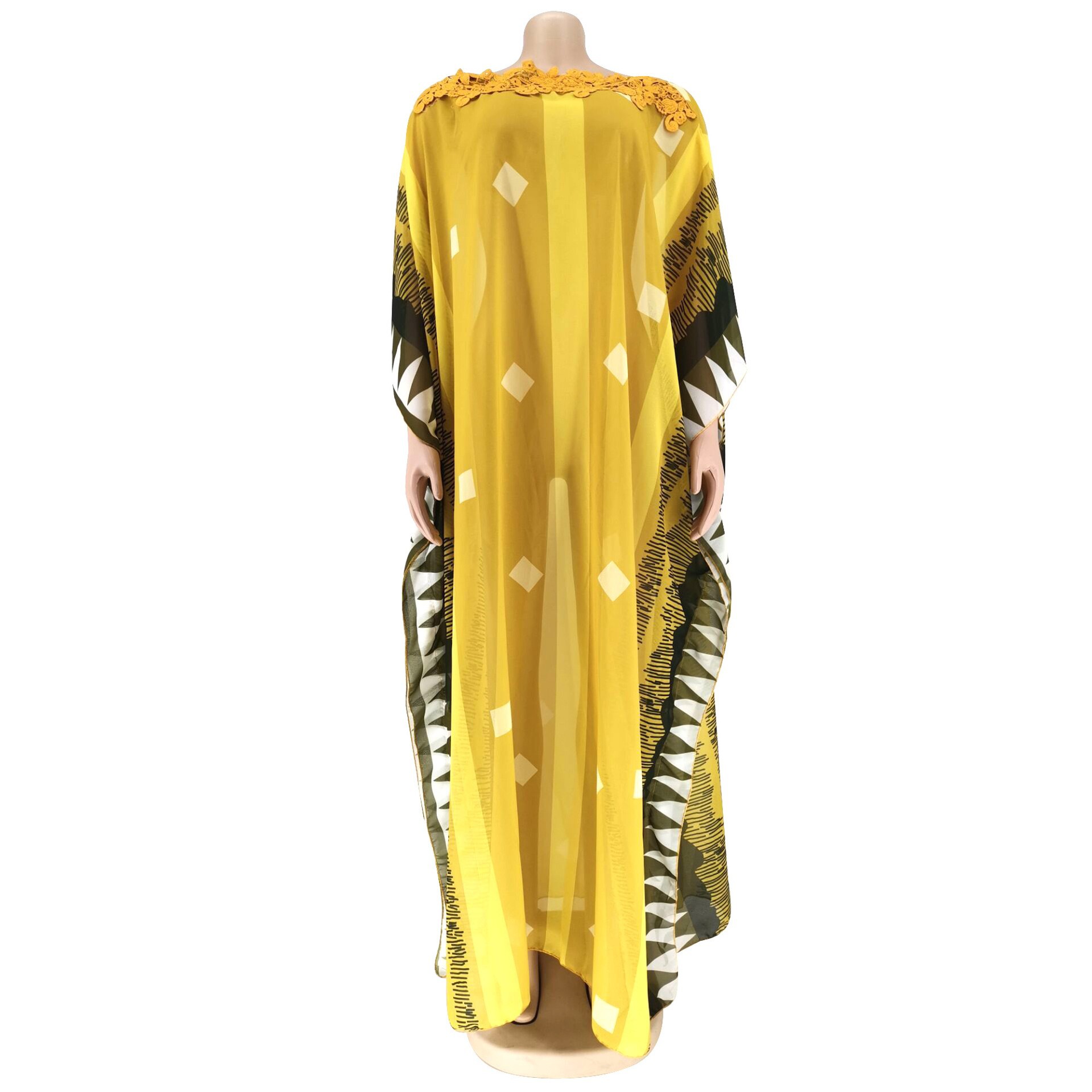 Cross-Border New Chiffon Sexy See-through round Neck Lace Printed African Mother plus Size Long Dress Matching Sling