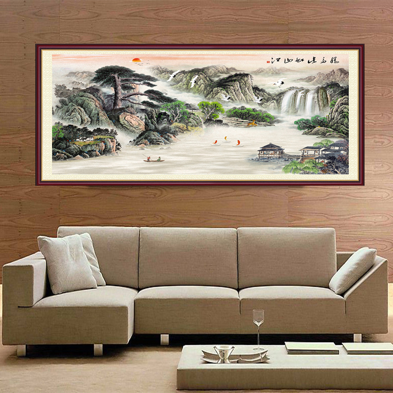办公室装饰风水靠山挂画聚宝盆客厅横版鸿运当头国画山水招财字画