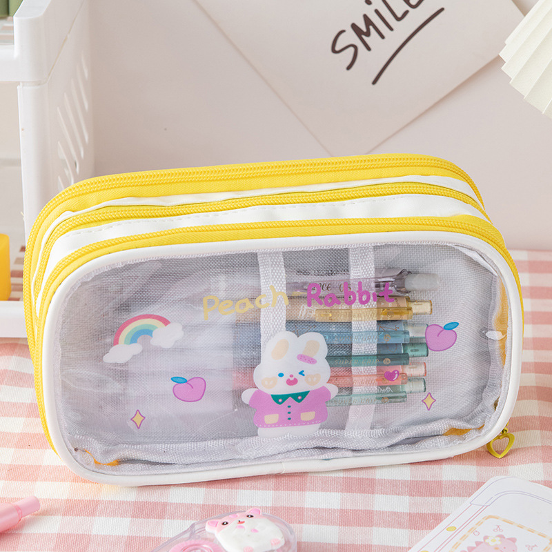 Cartoon Transparent Girl Pencil Case Three-Layer Large Capacity Storage Bag Simple High School Primary School Student Japanese Storage