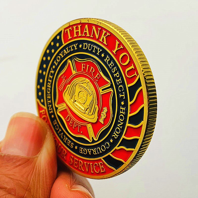 代发消防队镀金纪念章 彩绘条旗荣耀金币消防员硬币外贸纪念币