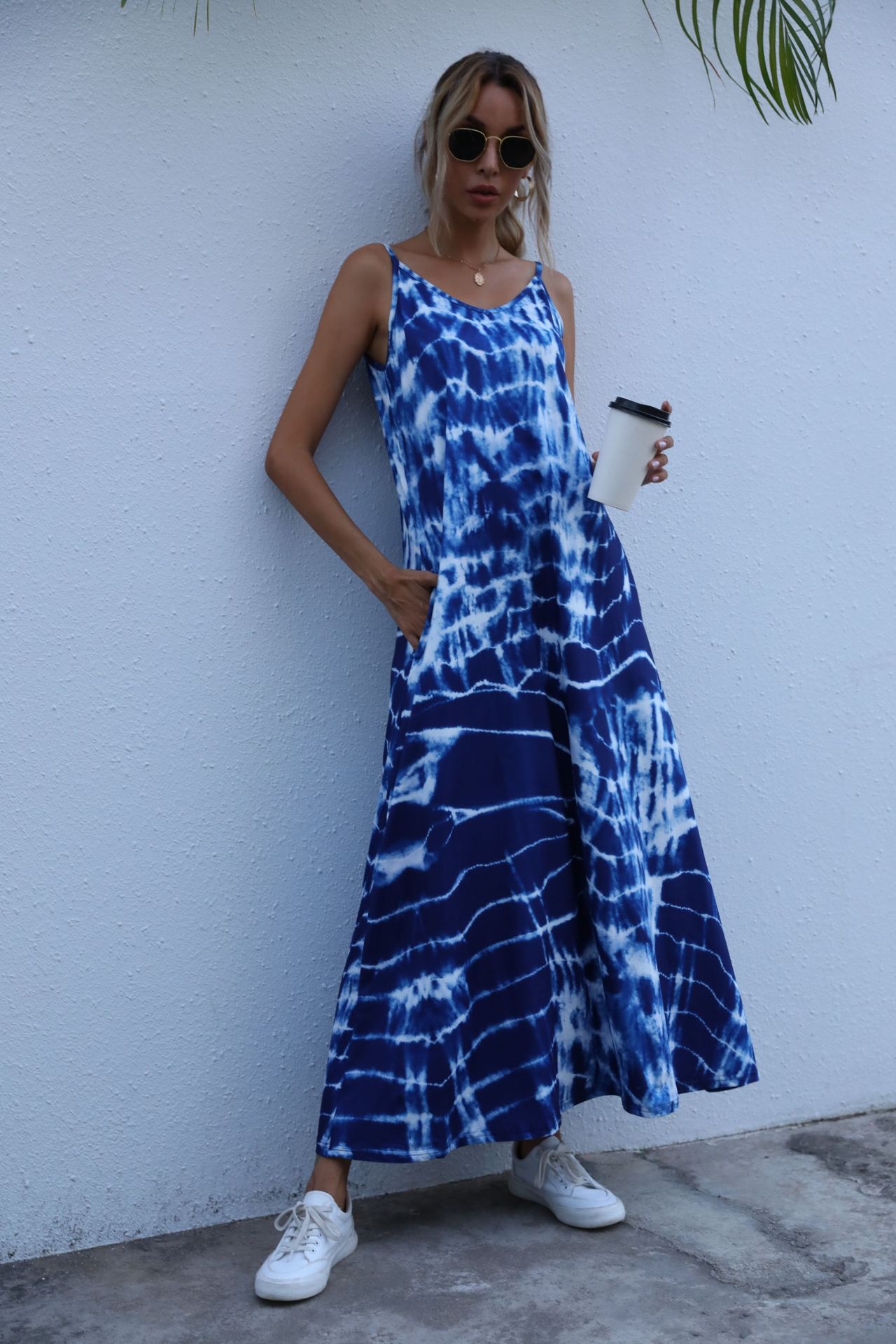 2021实拍现货春夏新款扎染渐变口袋连衣裙吊带长裙