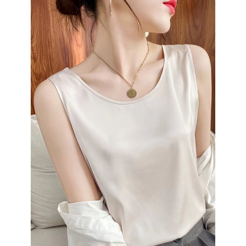 High-End round Neck Vest Women's Outer Wear Satin Sling 2023 New Suit Inner Match Sleeveless T-shirt Bottoming Top