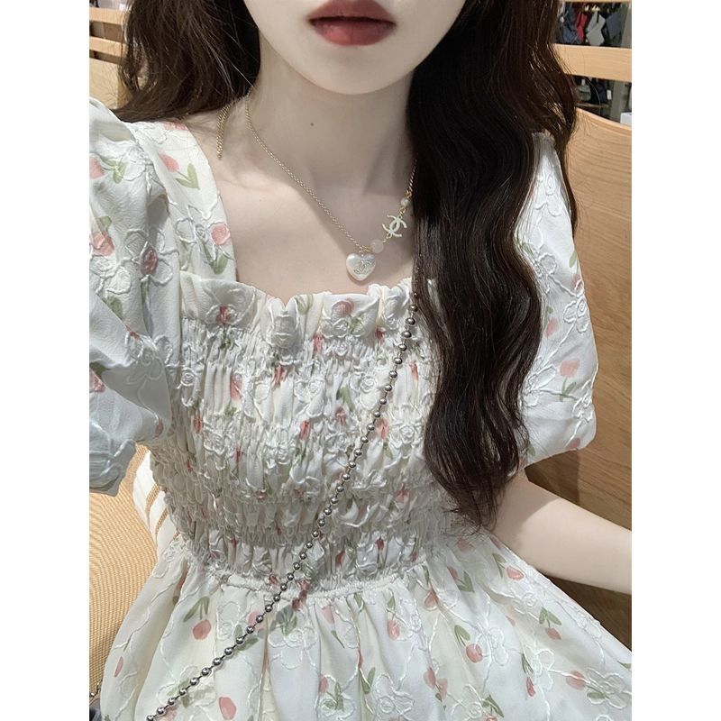 Tea Break French Floral Dress Women's Summer Small Temperament Waist-Controlled Puff Sleeve Fairy Gentle Style First Love Dress