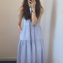韩国chic极简主义 夏季法式圆领拼接褶皱层次感无袖背心连衣裙女