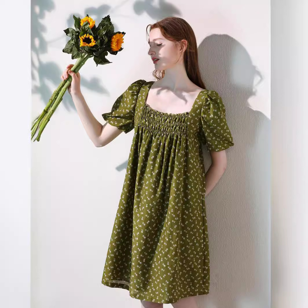 夏季新款真丝丝棉印花连衣裙甜美减龄少女裙桑蚕丝法式裙85396b