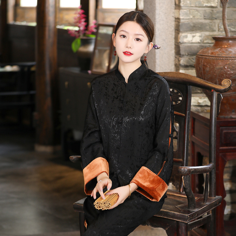 中式复古外套中国风中式开衫盘扣唐装拼接袖口女装上衣裤套装女