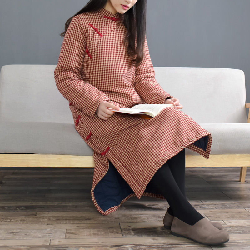 冬季民国复古做旧细格子夹棉加厚棉袍立领盘扣旗袍长款棉衣茶服女