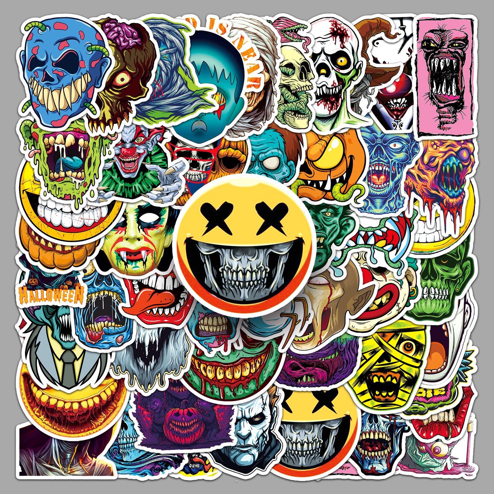 50张恐怖鬼脸跨境万圣节骷髅头装饰滑板水杯行李箱涂鸦汽车贴纸