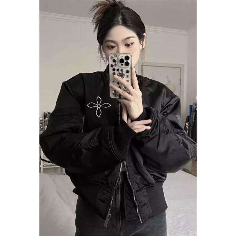 潮牌外套女春秋冬棒球服新款美式复古宽松百搭上衣潮加棉夹克棉衣