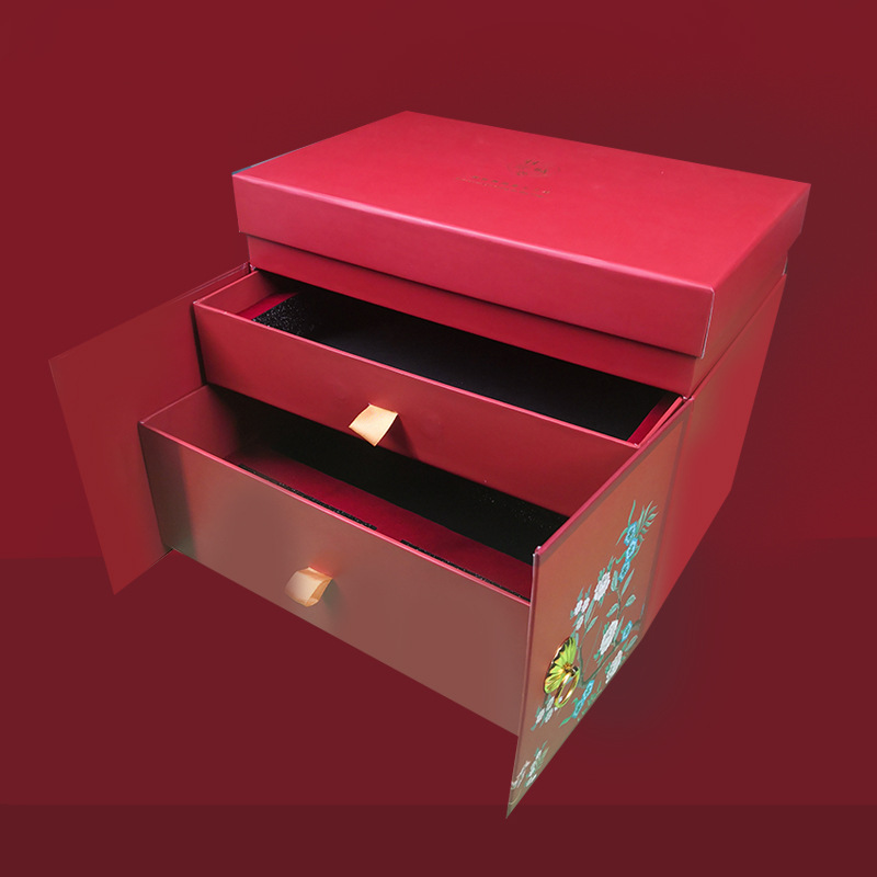 过年红色新年礼品盒抽屉式礼盒两层抽拉开门包装盒翻盖式包装纸盒