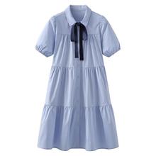 蓝色衬衫连衣裙女夏中长款小个子宽松高腰显瘦气质泡泡袖蛋糕裙子