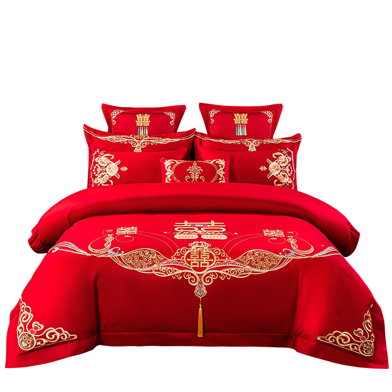 High-End Wedding Four-Piece Set Wedding Bedding Embroidered Red Long-Staple Cotton Dragon and Phoenix Daxi Bed Sheet Duvet Cover Bed Skirt