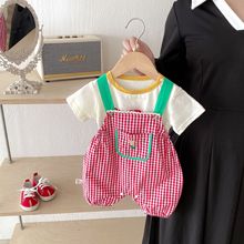 女宝宝樱桃套装 0-5岁夏季韩国童装婴儿T恤格子背带裤两件套AT122