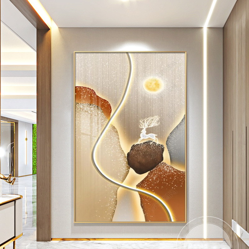 现代轻奢入户玄关装饰画走廊过道墙画时来运转led灯抽象落地挂画