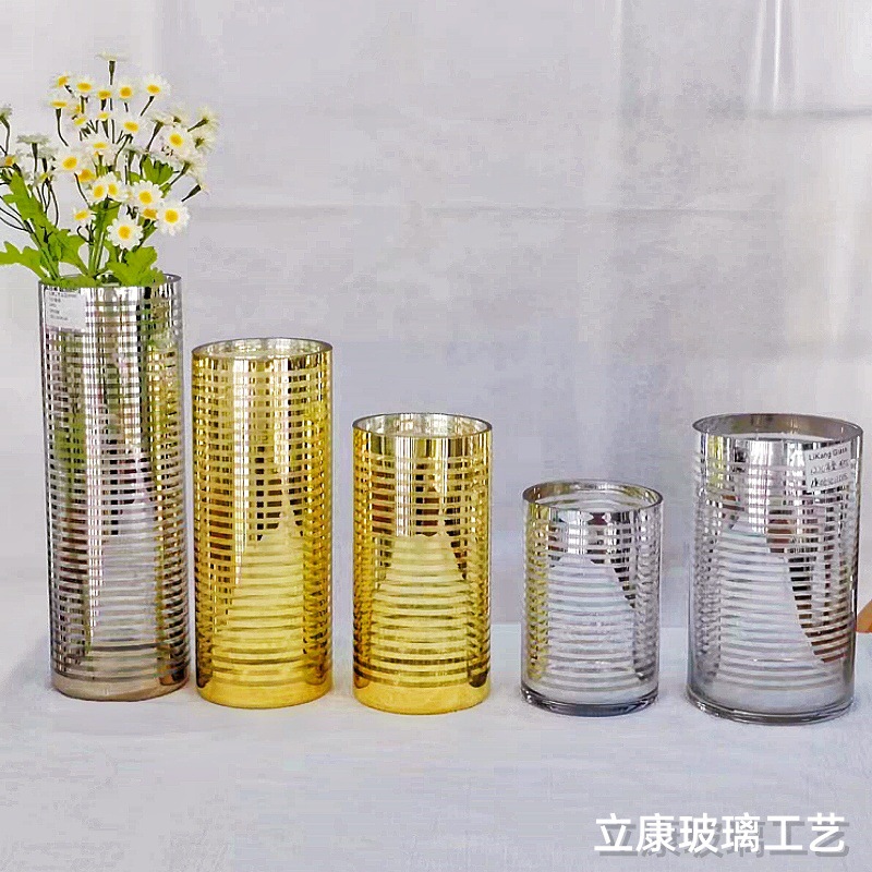 European-Style Creative Glass Electroplated Gold and Silver Striped Glass Vase Hydroponic Flowers Hotel Wedding Celebration Decoration Flower Arrangement Ornaments