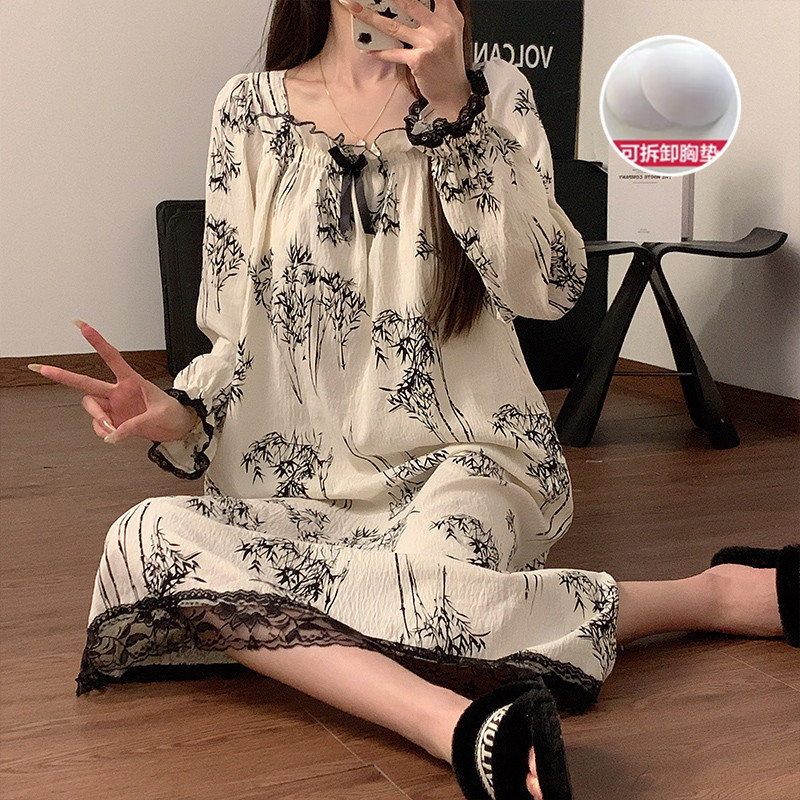 韩国ins女士外贸新款可爱碎花娃娃领公主长裙宽松家居服睡衣睡裙