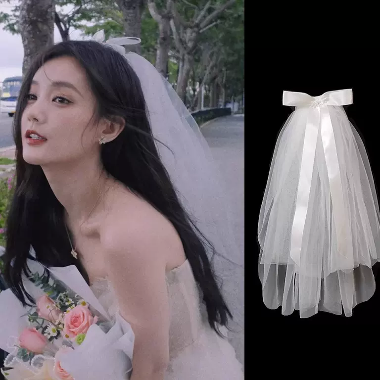 求婚领证登记发光头纱超仙拍照短款新娘结婚蝴蝶结网红头饰蓬蓬纱