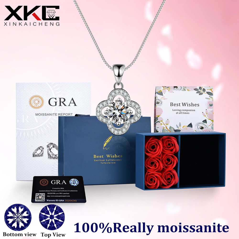 跨境专供s925纯银吊坠项链女莫桑石一克拉四叶草镀白金shein爆款