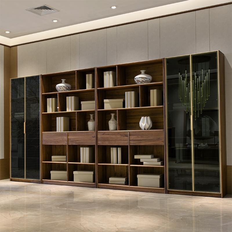 全实木北欧简约现代轻奢客厅书房整体满面墙书架定制黑胡桃木书柜